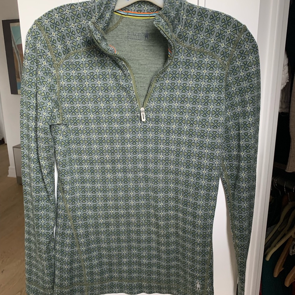 Smart wool zip neck sweater in gorgeous green pattern